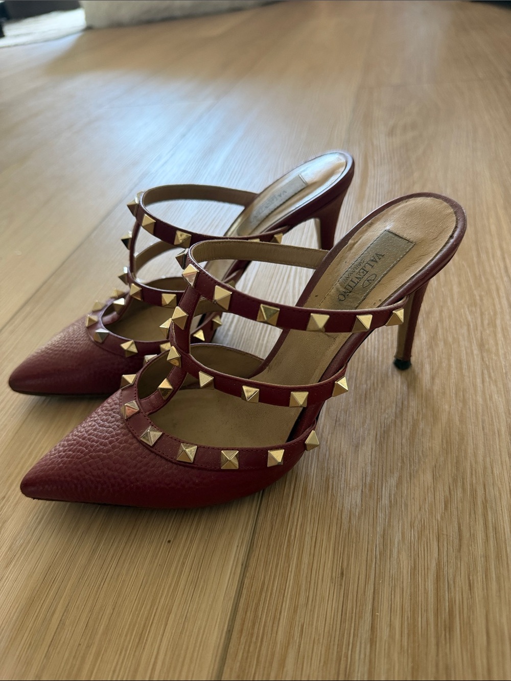 Valentino Berry Red Leather Pointed Rockstud Triple-Strap Mule Heels - Picture 6 of 8